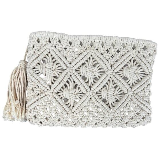 World Market Macrame Crochet Zipper Pouch, 10" x 7", Cream White - Picture 1 of 3